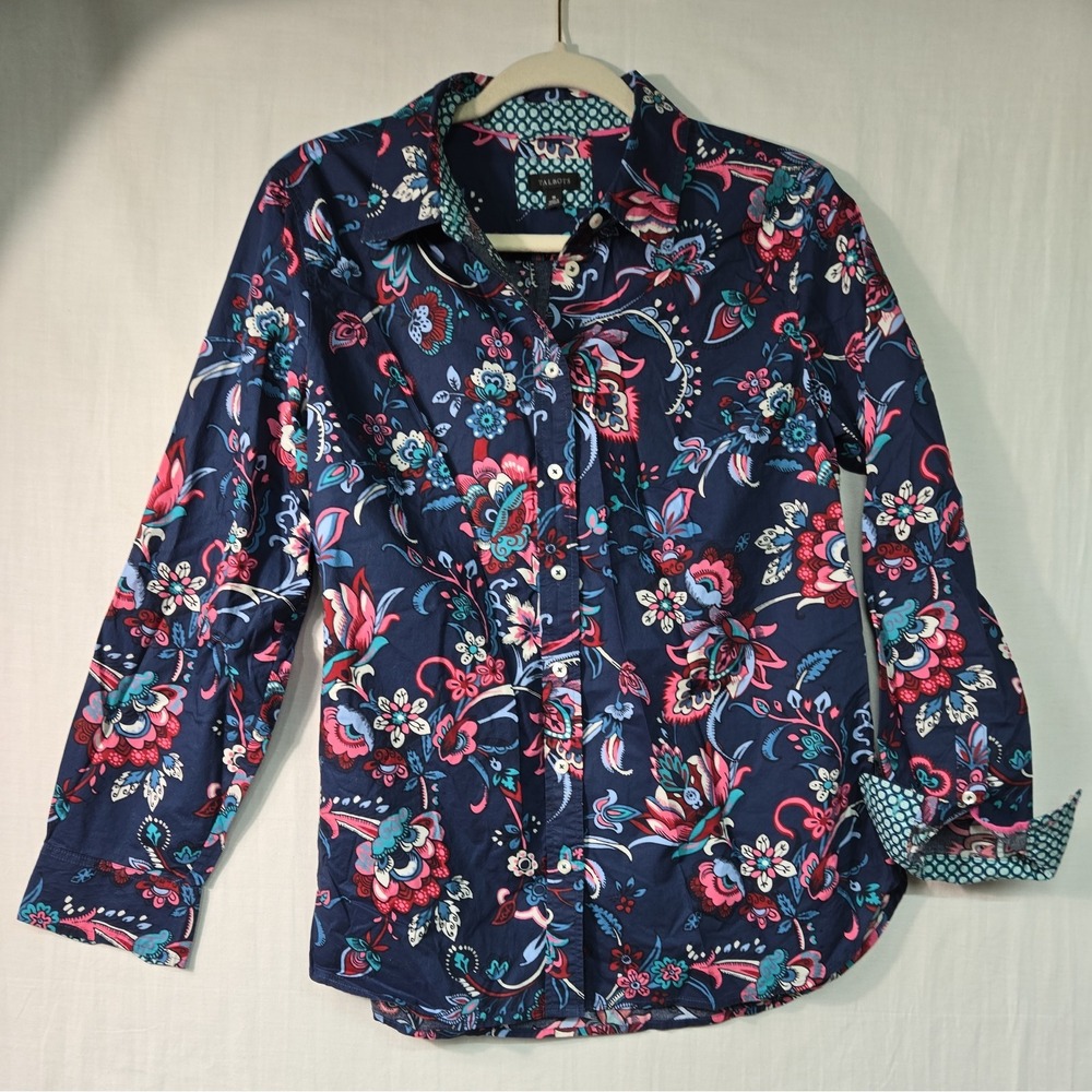 Talbots Floral Button Down Blouse Navy Pink Cotton Preppy Women's M Flip Cuff LS